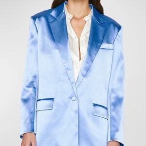 Frame Satin Strong Shoulder Blazer in Oxford Blue